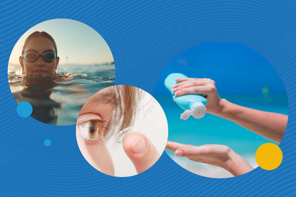 A collage of three summer-themed images: sunscreen being applied near the eyes, a close-up of hands inserting contact lenses, and a swimmer wearing protective swim goggles. The images highlight key summer contact lens tips—avoiding sunscreen in the eyes, proper lens handling, and not swimming with lenses in.