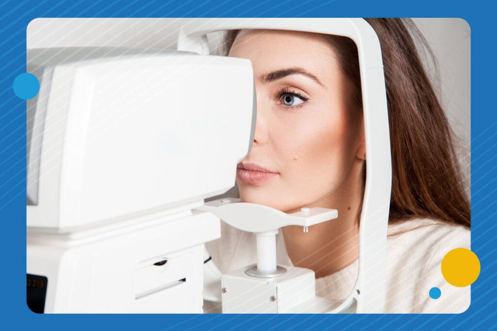 A woman gets her eyes checked using optometrist equipment. Dr. Sam Dhaliwal and Associates is ready to help you see better today.