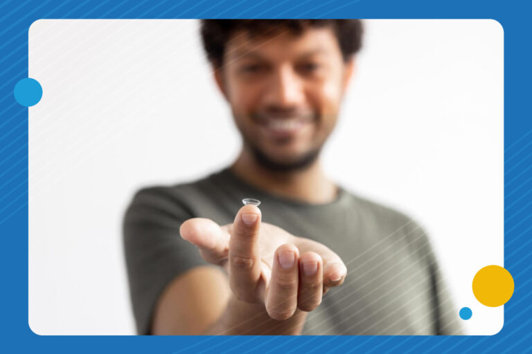 A man holds out a contact lenses towards the reader. Dr. Sam Dhaliwal & Associates are proud to offer you help to see the best you can.